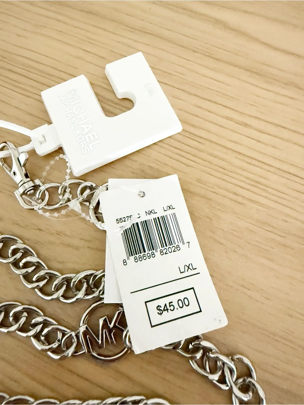 NEW Michael Michael Kors Silver-Tone MK Logo Adjustable Chain Belt Size L/XL